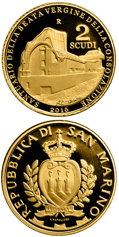 Image of 2 scudi coin - Architecture in San Marino: Sanctuary of Our Lady of Consolation by G. Michelucci | San Marino 2016.  The Gold coin is of Proof quality.