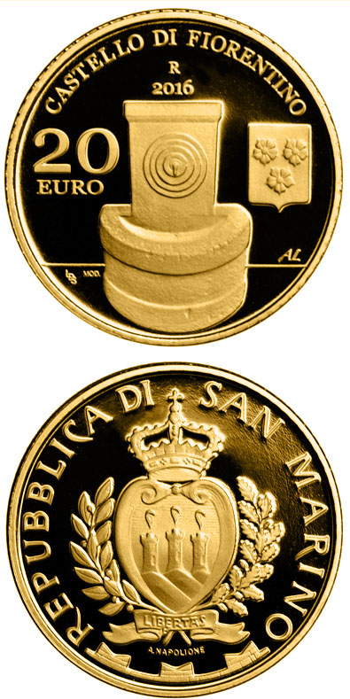 Image of 20 euro coin - Architectural Elements of San Marino: Castles of Fiorentino and Chiesanuova | San Marino 2016.  The Gold coin is of Proof quality.