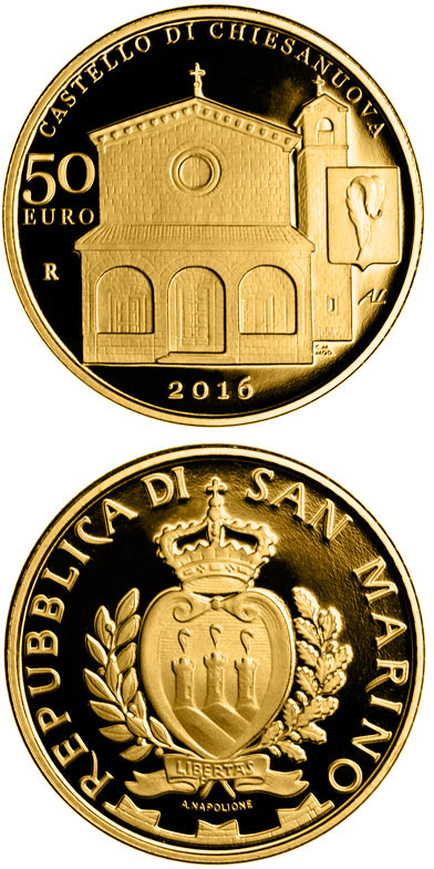Image of 50 euro coin - Architectural Elements of San Marino: Castles of Fiorentino and Chiesanuova | San Marino 2016.  The Gold coin is of Proof quality.