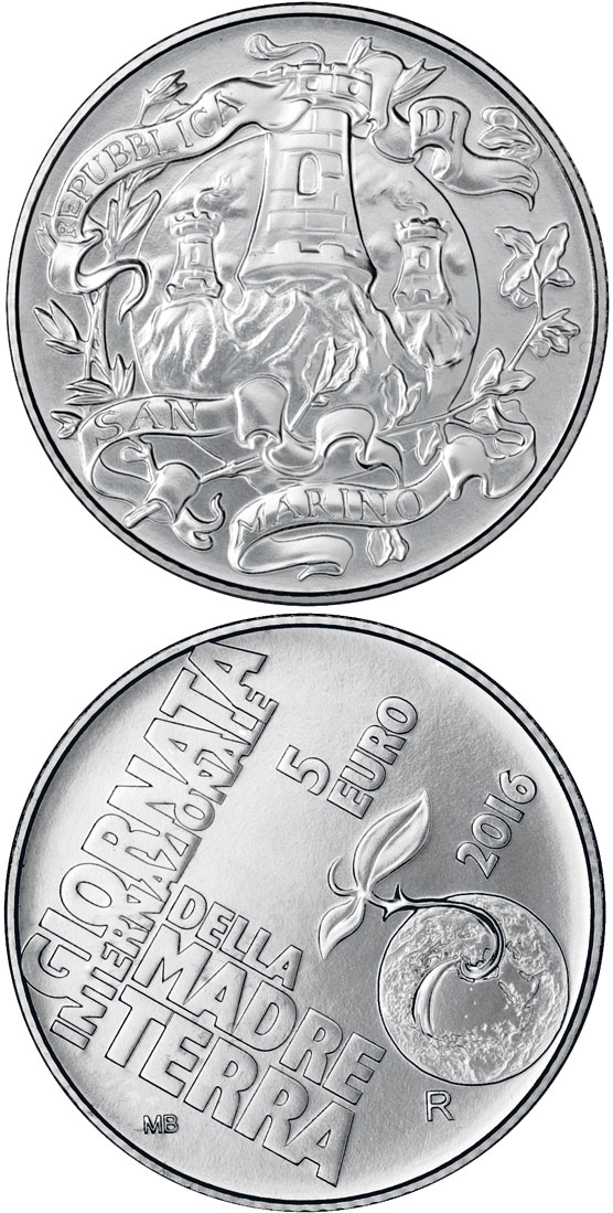 Image of 5 euro coin - International Year of Mother Earth | San Marino 2016.  The Silver coin is of BU quality.