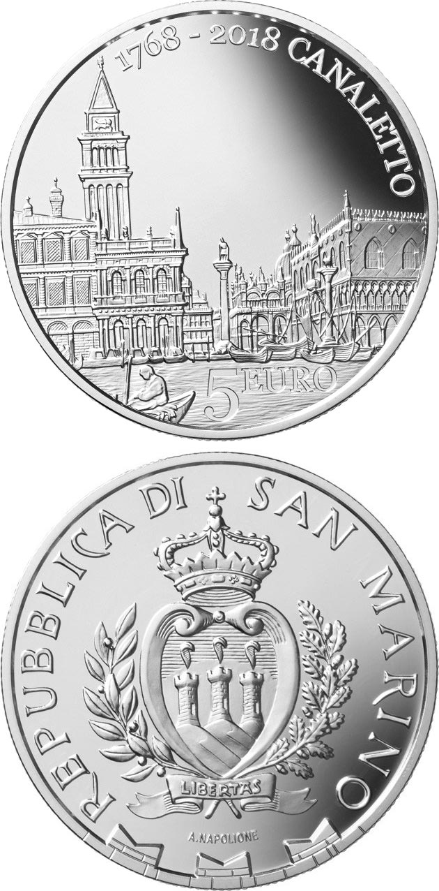 Image of 5 euro coin - 250th Anniversary of the Death of Canaletto | San Marino 2018.  The Silver coin is of Proof quality.