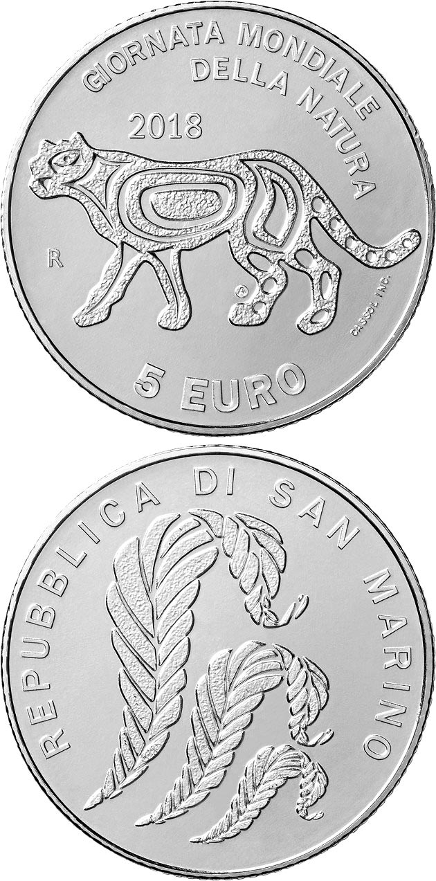 Image of 5 euro coin - World Nature Day | San Marino 2018.  The Silver coin is of BU quality.