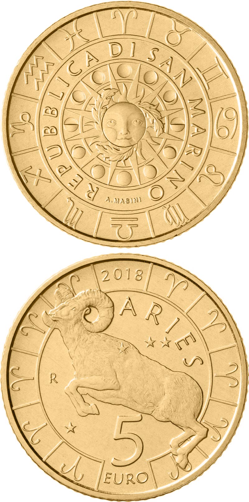 Image of 5 euro coin - Aries | San Marino 2018.  The Bronze coin is of UNC quality.