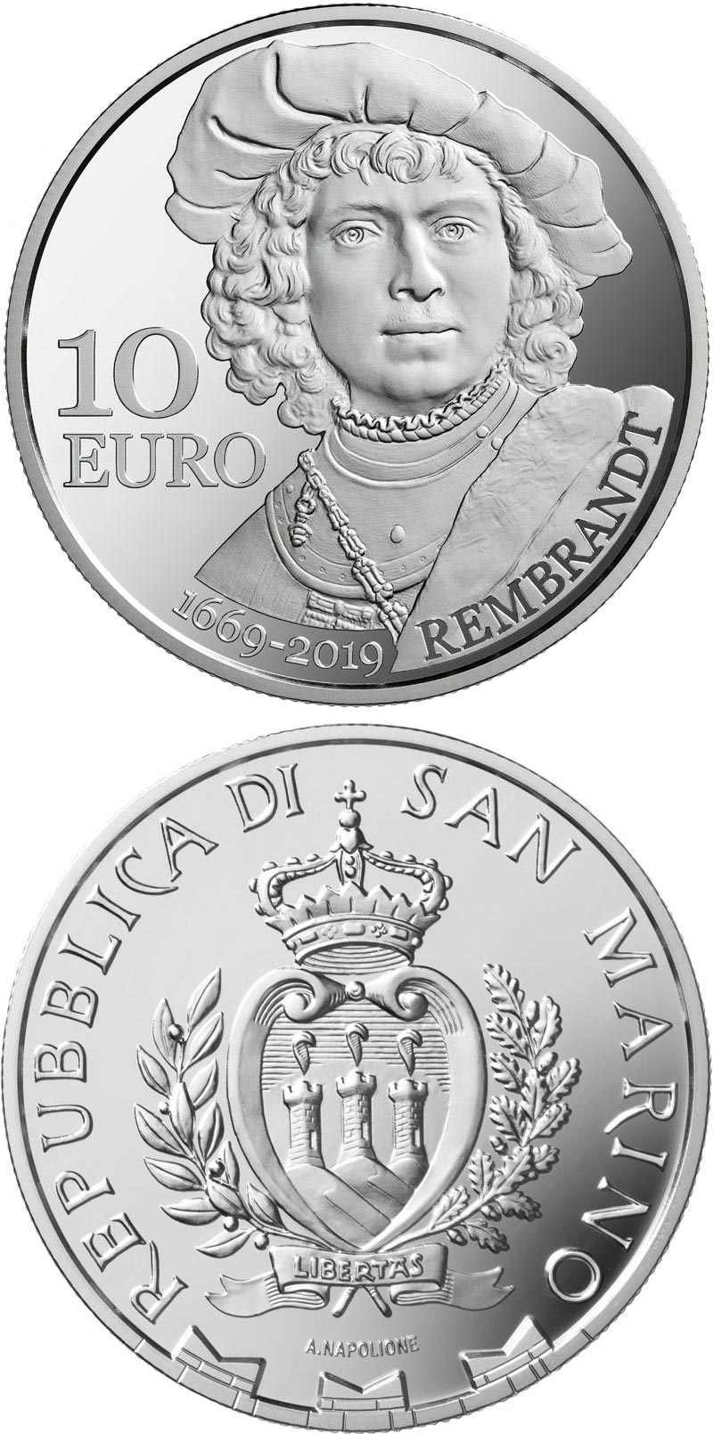 Image of 10 euro coin - 350th anniversary of Rembrandt’s death | San Marino 2019.  The Silver coin is of Proof quality.