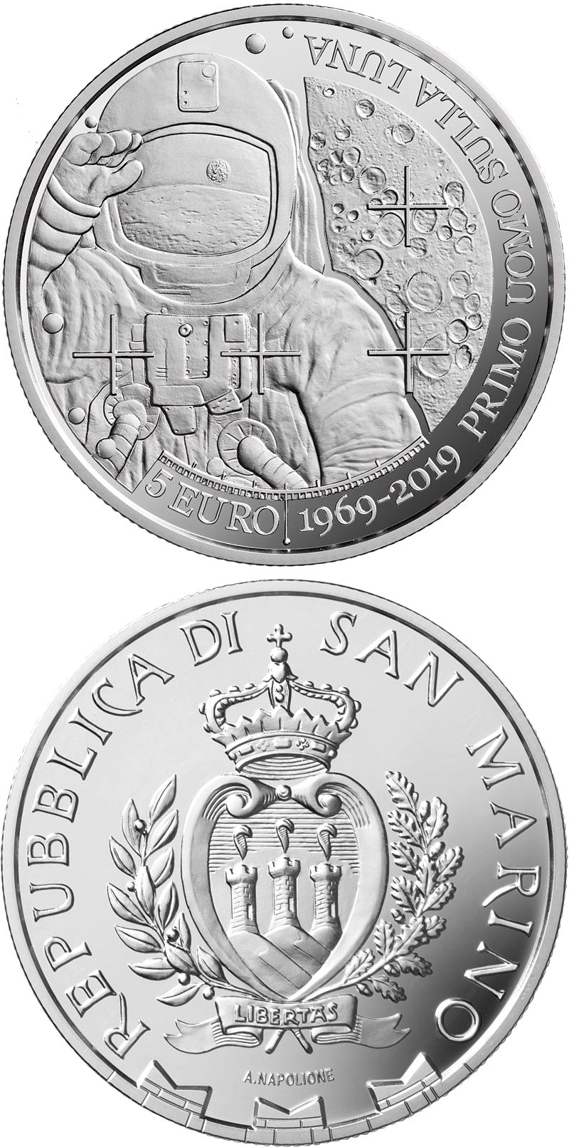 Image of 5 euro coin - 50th anniversary of the first human moon landing | San Marino 2019.  The Silver coin is of Proof quality.