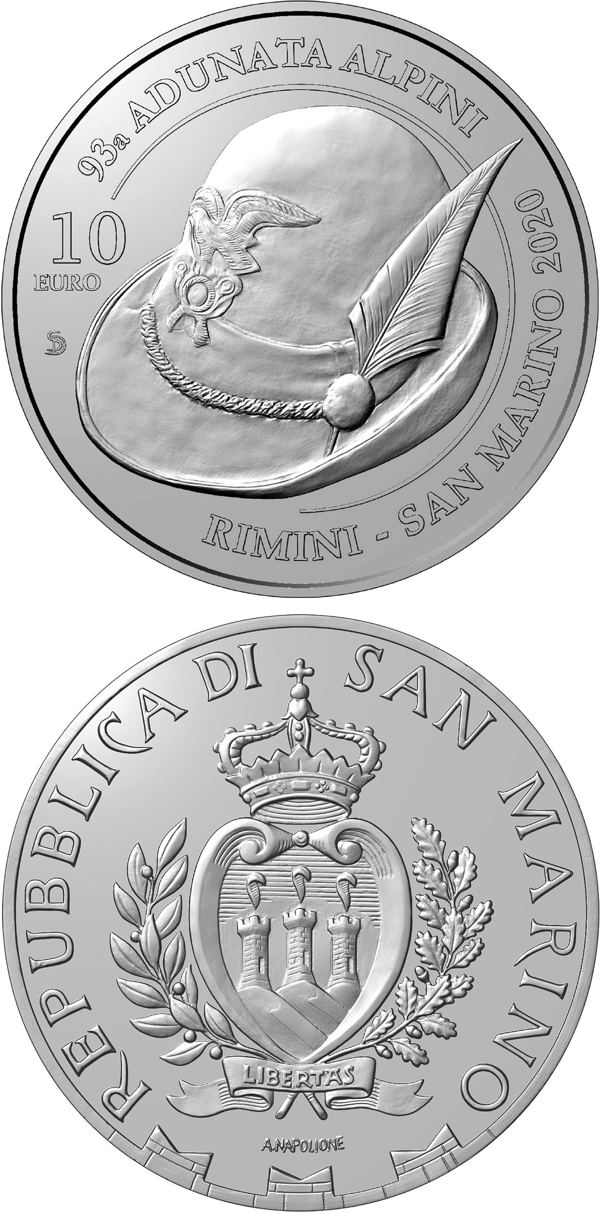 Image of 10 euro coin - 93rd National Alpini Assembly Rimini | San Marino 2020.  The Silver coin is of Proof quality.