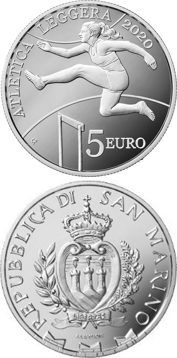 Image of 5 euro coin - Athletics Championships of the Small States of Europe 2020 | San Marino 2020.  The Silver coin is of Proof quality.