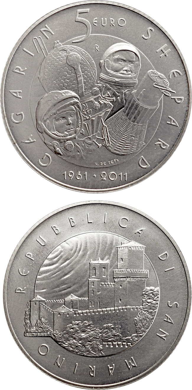Image of 5 euro coin - 50th anniversary of men in space | San Marino 2011.  The Silver coin is of BU quality.