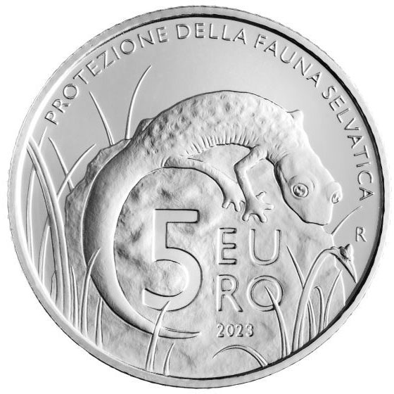 Image of 5 euro coin - Protection of San Marino's Wildlife | San Marino 2023.  The Silver coin is of BU quality.
