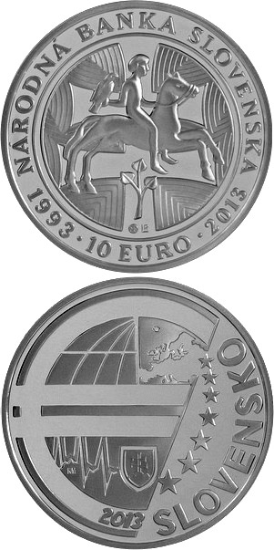 Image of 10 euro coin - Národná banka Slovenska (National Bank of Slovakia) - the 20th anniversary of the foundation | Slovakia 2013.  The Silver coin is of Proof, BU quality.