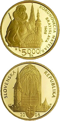 Image of 5000 crowns coin - The Bratislava Coronations - 400th Anniversary of the Coronation of Matthias II | Slovakia 2008.  The Gold coin is of Proof quality.