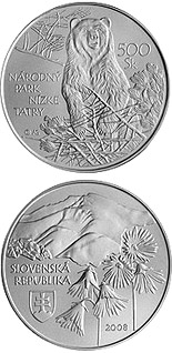 Image of 500 crowns coin - Protection of Nature and Landscape: Low Tatras National Park | Slovakia 2008.  The Silver coin is of Proof, BU quality.