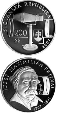 Image of 200 crowns coin - Jozef Maximilian Petzval - the 200th Anniversary of the Birth | Slovakia 2007.  The Silver coin is of Proof, BU quality.