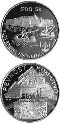 Image of 500 crowns coin - The Construction of the Old Fortress at Komarno - the 450th Anniversary | Slovakia 2007.  The Silver coin is of Proof, BU quality.