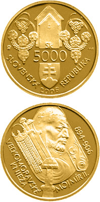 Image of 5000 crowns coin - Mojmir II, the Great Moravian Ruler | Slovakia 2006.  The Gold coin is of Proof quality.