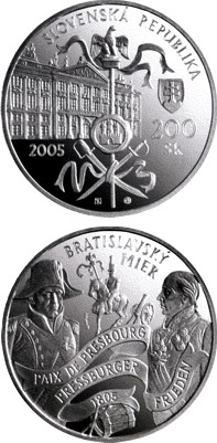 Image of 200 crowns coin - Peace of Bratislava - the 200th Anniversary of the Signing | Slovakia 2005.  The Silver coin is of Proof, BU quality.