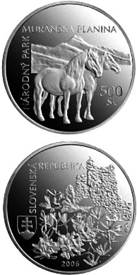 Image of 500 crowns coin - Protection of Nature and Landscape:Muranska planina National Park | Slovakia 2006.  The Silver coin is of Proof, BU quality.
