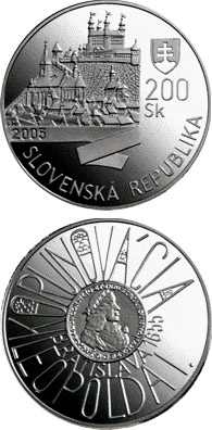 Image of 200 crowns coin - The Bratislava Coronations - 350th Anniversary of the Coronation of Leopold I | Slovakia 2005.  The Silver coin is of Proof, BU quality.