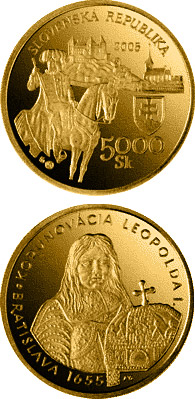 Image of 5000 crowns coin - The Bratislava Coronations - 350th Anniversary of the Coronation of Leopold I | Slovakia 2005.  The Gold coin is of Proof quality.