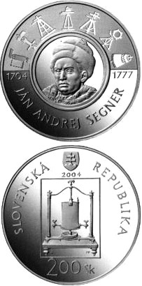 Image of 200 crowns coin - The 300th anniversary of the birth of Jan Andrej Segner | Slovakia 2004.  The Silver coin is of Proof, BU quality.