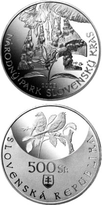 Image of 500 crowns coin - Protection of Nature and Landscape: Slovensky Kras National Park | Slovakia 2005.  The Silver coin is of Proof, BU quality.