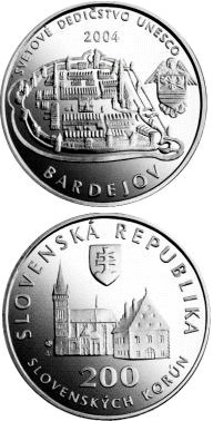 Image of 200 crowns coin - UNESCO World Heritage: Bardejov - Town Conservation Reserve | Slovakia 2004.  The Silver coin is of Proof, BU quality.