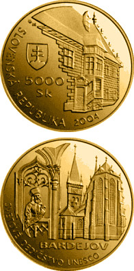 Image of 5000 crowns coin - UNESCO World Heritage: Bardejov - Town Conservation Reserve | Slovakia 2004.  The Gold coin is of Proof quality.