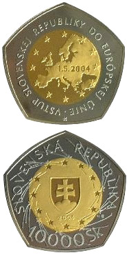 Image of 10000 crowns coin - The Entry of the Slovak Republic to the European Union | Slovakia 2004.  The Gold coin is of Proof quality.