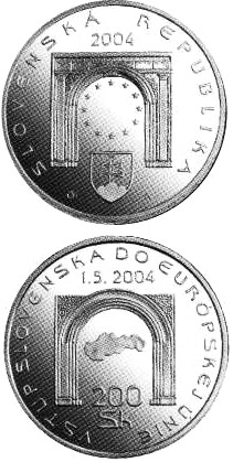 Image of 200 crowns coin - The Entry of the Slovak Republic to the European Union | Slovakia 2004.  The Silver coin is of Proof, BU quality.