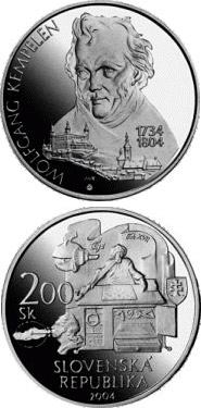 Image of 200 crowns coin - The 200th anniversary of the death of Wolfgang Kempelen | Slovakia 2004.  The Silver coin is of Proof, BU quality.