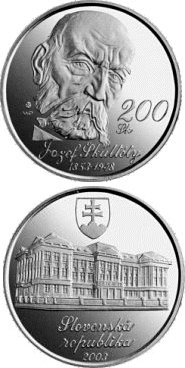 Image of 200 crowns coin - The 150th anniversary of the birth of Jozef Skultety | Slovakia 2003.  The Silver coin is of Proof, BU quality.