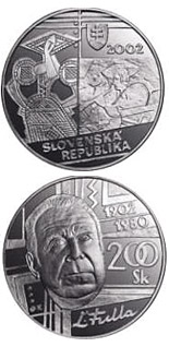 Image of 200 crowns coin - The centenary of the birth of Ludovit Fulla | Slovakia 2002.  The Silver coin is of Proof, BU quality.