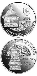 Image of 200 crowns coin - UNESCO World Heritage:  Vlkolinec, Folk Architecture Reserve | Slovakia 2002.  The Silver coin is of Proof, BU quality.
