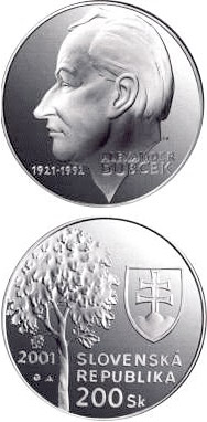 Image of 200 crowns coin - The 80th anniversary of the birth of Alexander Dubcek | Slovakia 2001.  The Silver coin is of Proof, BU quality.