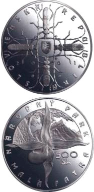 Image of 500 crowns coin - The Mala Fatra National Park | Slovakia 2001.  The Silver coin is of Proof, BU quality.