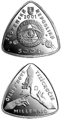 Image of 500 crowns coin - The Beginning of the Third Millennium | Slovakia 2001.  The Silver coin is of Proof, BU quality.