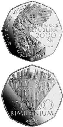 Image of 2000 crowns coin - The Jubilee Year 2000 - Bimillennium | Slovakia 2000.  The Silver coin is of Proof quality.
