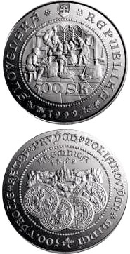 Image of 500 crowns coin - The 500th anniversary of the striking of the first thaler coins at Kremnica | Slovakia 1999.  The Silver coin is of Proof, BU quality.