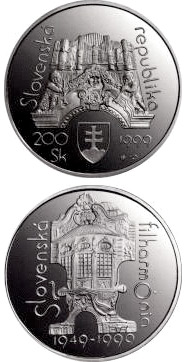 Image of 200 crowns coin - The 50th anniversary of founding of the Slovak Philharmonia | Slovakia 1999.  The Silver coin is of Proof, BU quality.