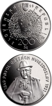 Image of 200 crowns coin - The 150th anniversary of the birth of Pavol Országh Hviezdoslav | Slovakia 1999.  The Silver coin is of Proof, BU quality.