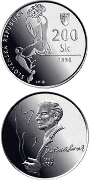 Image of 200 crowns coin - The centenary of the birth of Jan Smrek | Slovakia 1998.  The Silver coin is of Proof, BU quality.