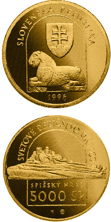 Image of 5000 crowns coin - The UNESCO World Heritage: The Spis Castle and the cultural monuments in its surroundings | Slovakia 1998.  The Gold coin is of Proof quality.