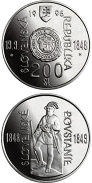 Image of 200 crowns coin - The 150th anniversary of the origin of the Slovak National Council and the outbreak of the Slovak Uprising of 1848/1849 | Slovakia 1998.  The Silver coin is of Proof, BU quality.