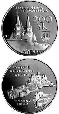 Image of 200 crowns coin - The UNESCO World Heritage: The Spis Castle and the cultural monuments in its surroundings | Slovakia 1998.  The Silver coin is of Proof, BU quality.