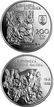 Image of 200 crowns coin - The 50th Anniversary of the Establishment of the Slovak National Gallery | Slovakia 1998.  The Silver coin is of Proof, BU quality.