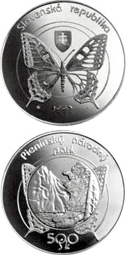 Image of 500 crowns coin - The Pieniny National Park | Slovakia 1997.  The Silver coin is of Proof, BU quality.