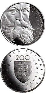 Image of 200 crowns coin - The 150th anniversary of the birth of Svetozar Hurban Vajansky | Slovakia 1997.  The Silver coin is of Proof, BU quality.