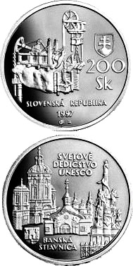 Image of 200 crowns coin - The UNESCO World Heritage and Banska Stiavnica with its ancient mining works | Slovakia 1997.  The Silver coin is of Proof, BU quality.