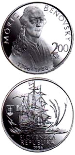 Image of 200 crowns coin - The 250th anniversary of the birth of Moric Benovsky | Slovakia 1996.  The Silver coin is of Proof, BU quality.