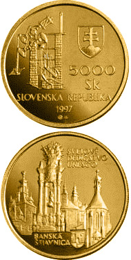 Image of 5000 crowns coin - The UNESCO World Heritage and Banska Stiavnica with its ancient mining works | Slovakia 1997.  The Gold coin is of Proof quality.